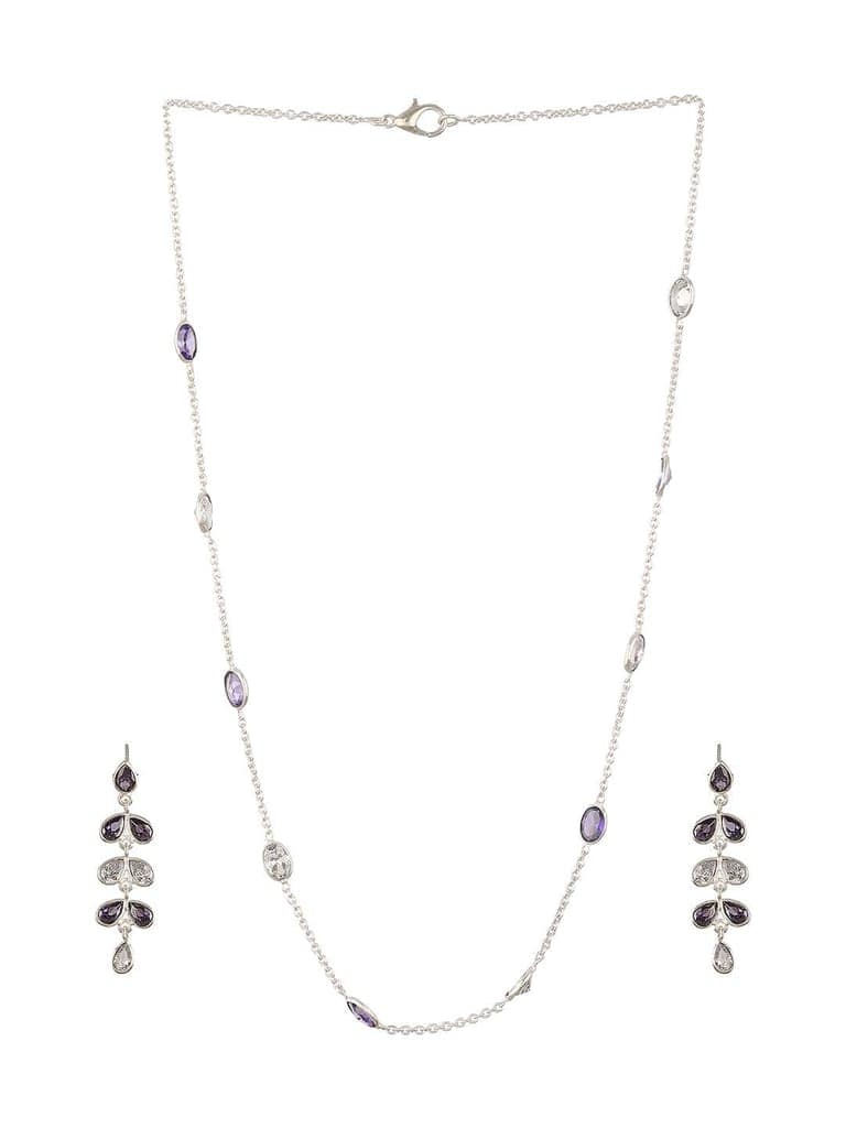 Silver Toned Amethyst Purple Minimal Necklace With Floral earrings Jewellery Set view 4