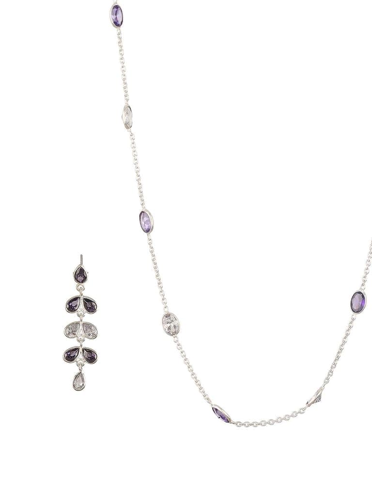 Silver Toned Amethyst Purple Minimal Necklace With Floral earrings Jewellery Set view 6