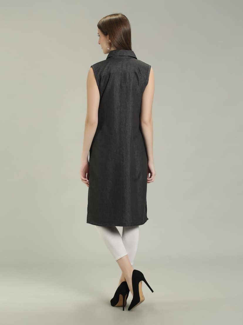 Denim Solid Kurta, Black - XL (Style -2483) view 2