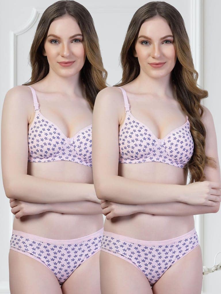 adornstar Women Cotton Lingerie Set with Stars Print Design | Non Wired and Non Padded Bra with Full Coverage Hipster Panty Set | Stylish and Soft Stretchable Fabric (Pack of 2) view 4