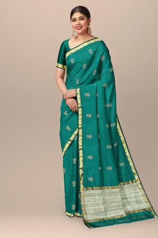 Bottle Green Buti Motif Handwoven Hand Block Print Sausar Silk With Ghicha Palla Saree SKU-AS10063