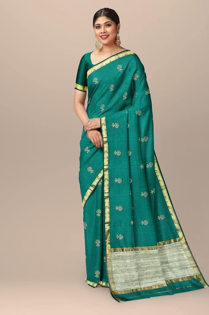 Bottle Green Buti Motif Handwoven Hand Block Print Sausar Silk With Ghicha Palla Saree SKU-AS10063