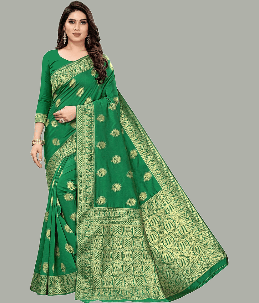 GARIYA Banarasi Silk Embellished Saree With Unstitched Blouse Piece ( Blue )