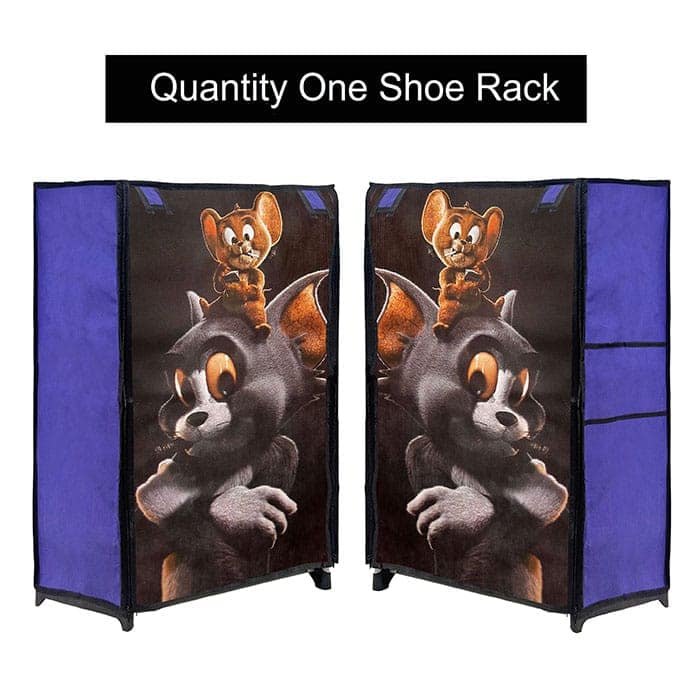 PHILOSHOP 4 Layer Metal Shoe Rack with Tom & Jerry Blue Cover – Fun & Sturdy Shoe Organizer for Kids and Home Use