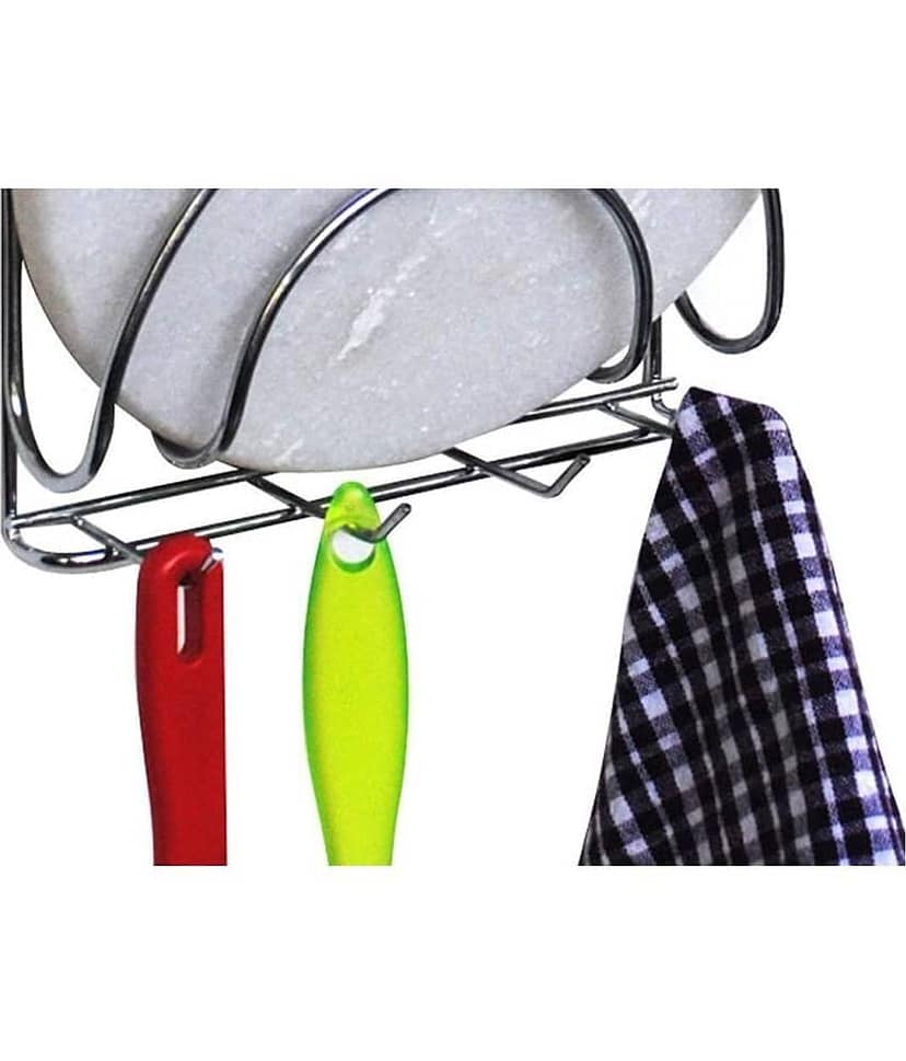 OC9 Stainless Steel Chakla belan stand With Hooks Kitchen Rack Silver view 2