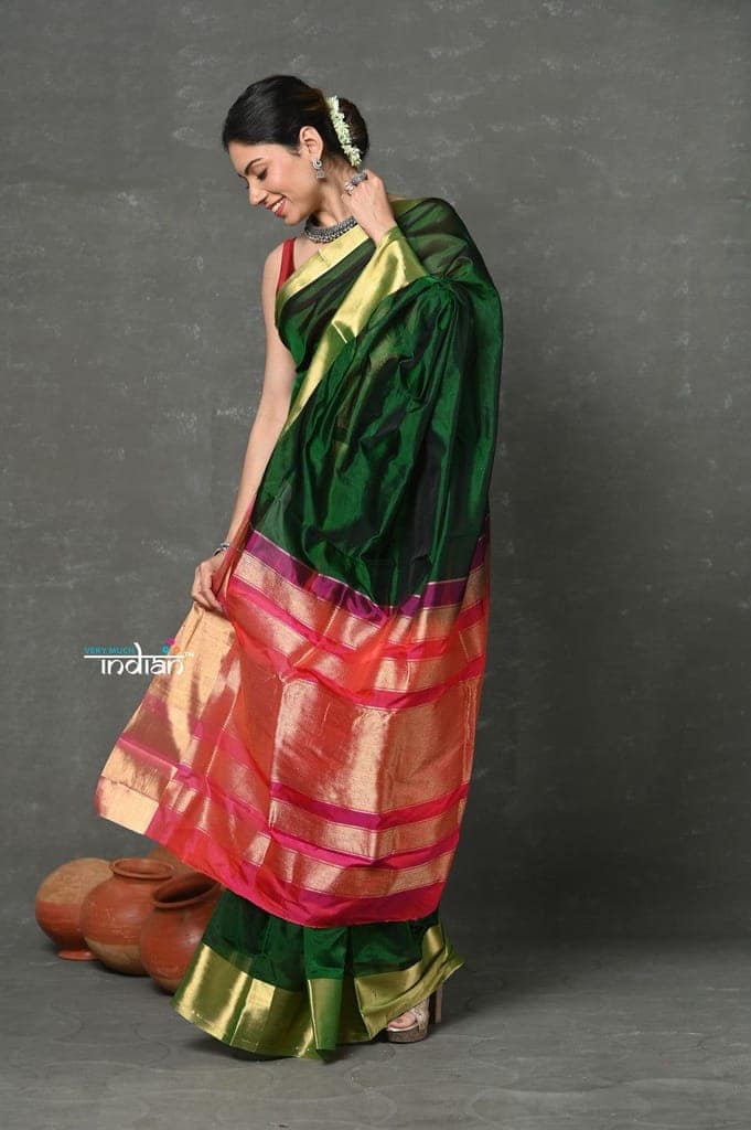 Tyohaar ~ Handloom Pure Chanderi Cotton Silk Saree With Golden Border - Green view 2