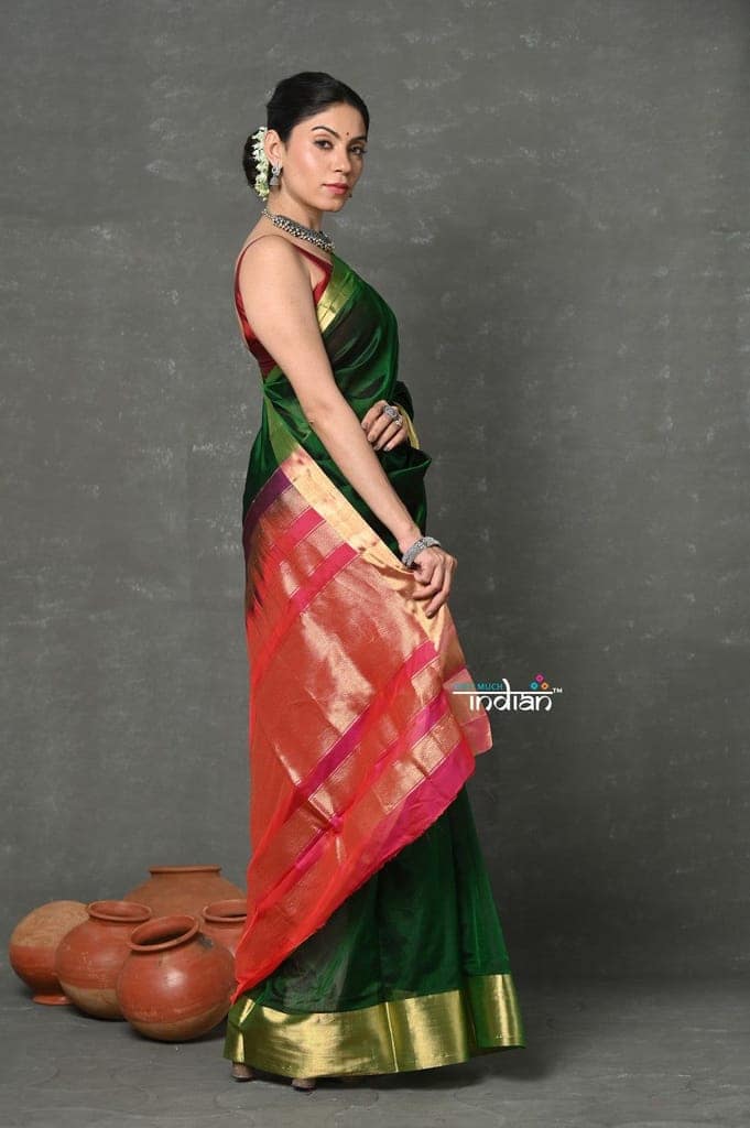 Tyohaar ~ Handloom Pure Chanderi Cotton Silk Saree With Golden Border - Green view 3