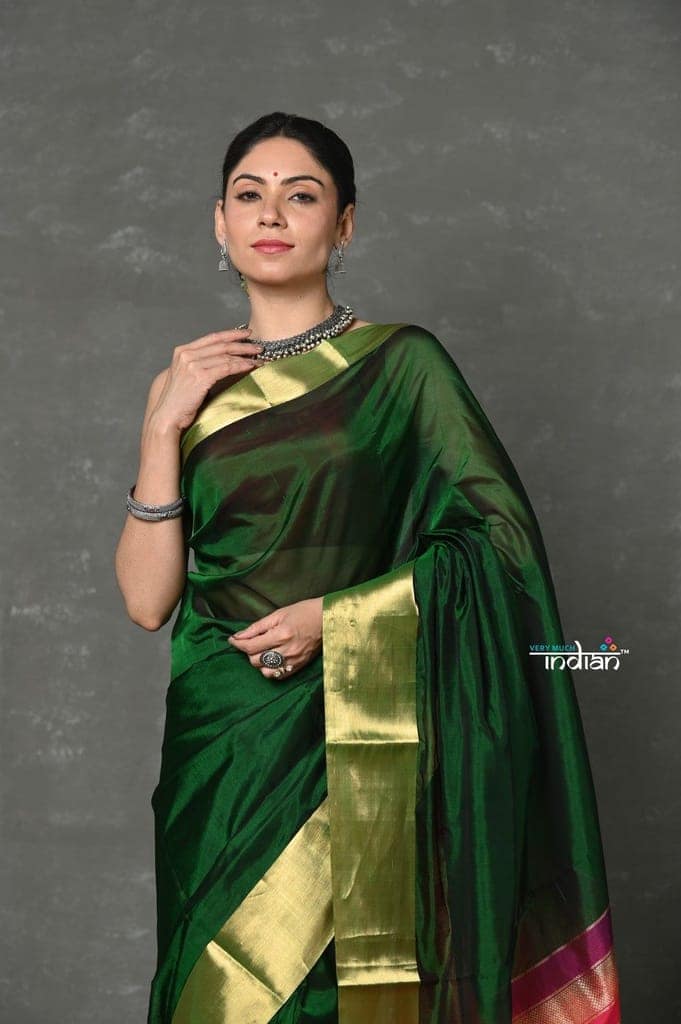 Tyohaar ~ Handloom Pure Chanderi Cotton Silk Saree With Golden Border - Green view 4