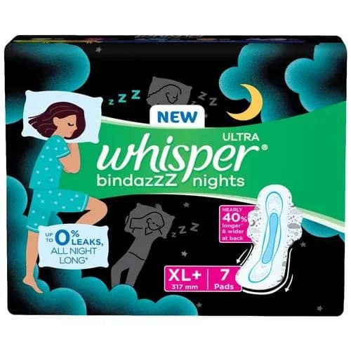 Whisper Bindazzz Night XL+ Sanitary Pads, 7 Pcs