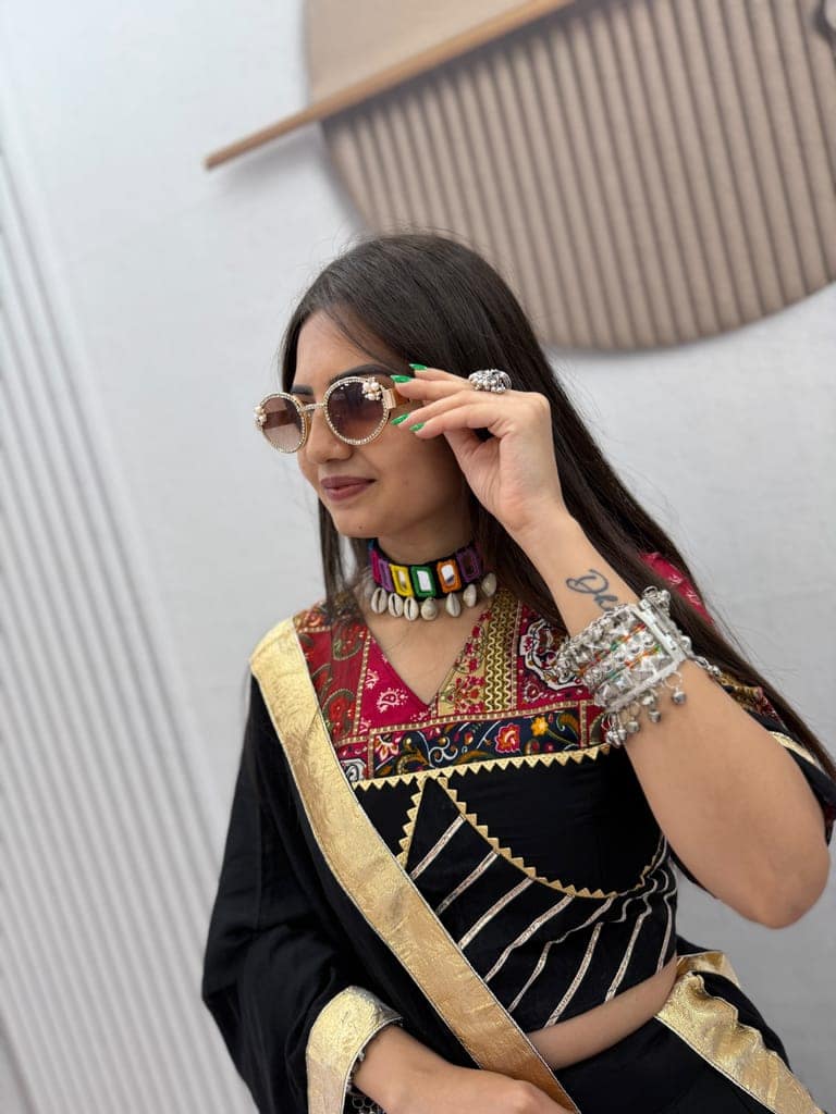 Black Pure Cotton Radha Krishna Print Navratri Chaniya Choli Set – 6 Meter Big Flair Lehenga Choli with Dupatta for Garba & Dandiya Raas view 2