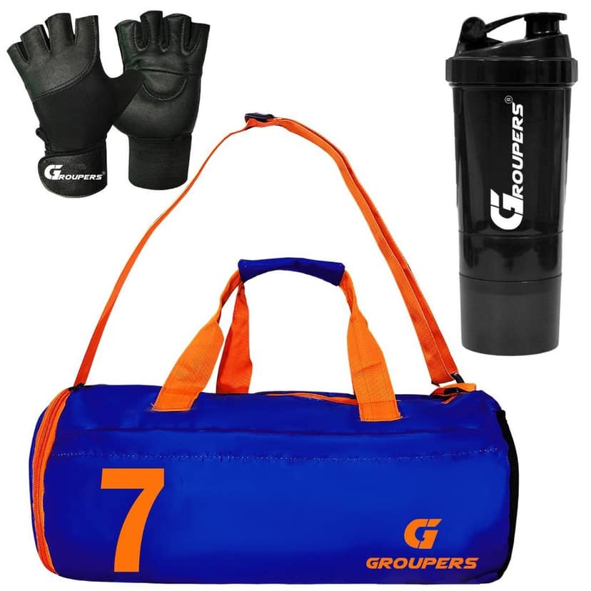 GROUPERS Combo Set of Duffle Polyester Bag with Shaker Bottle-500ml & GloveslSports & Travel Bag (Blue 07)