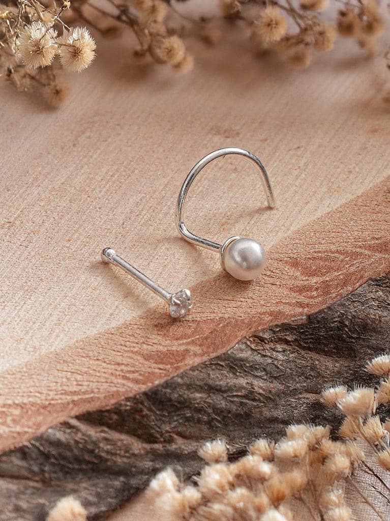 Combo of 2 Nose Pin 925 Sterling Silver AD & Pearl Studds Nose Pin view 2