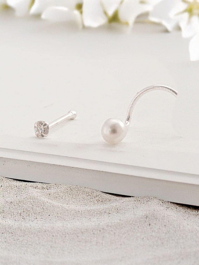 Combo of 2 Nose Pin 925 Sterling Silver AD & Pearl Studds Nose Pin view 3