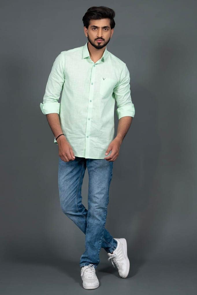 Vooz Slim Fit Long Sleeve Casual Shirt for Men, Cut Away Collar, Pista Green, Made in India view 5