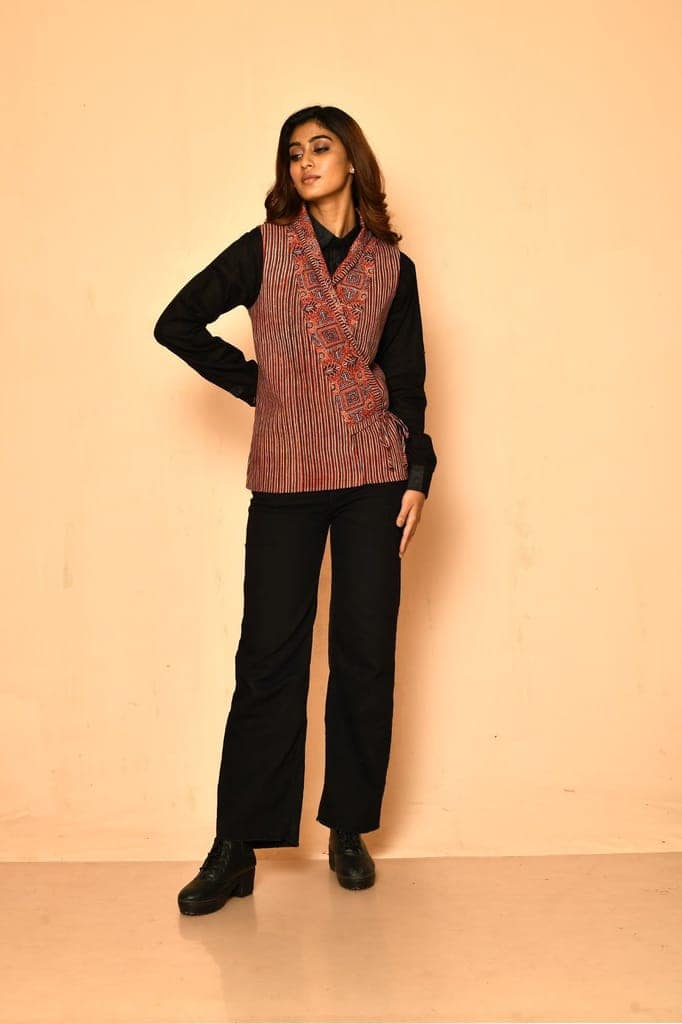 Red cotton Ajrakh natural dye shawl jacket for women view 2