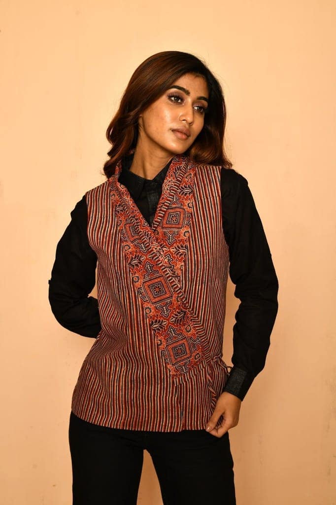 Red cotton Ajrakh natural dye shawl jacket for women view 5