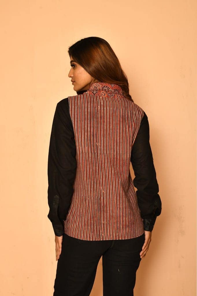 Red cotton Ajrakh natural dye shawl jacket for women view 6