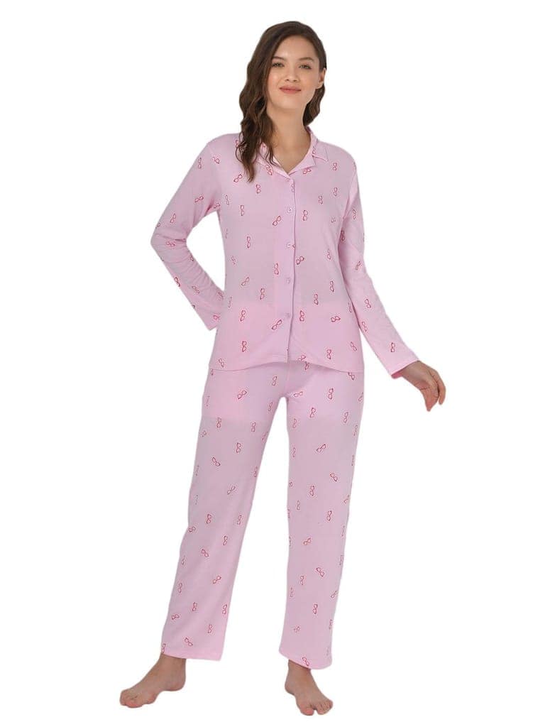 Klamotten Women's Baby Pink Allover Printed Top Pyjama Set N54Rb view 2