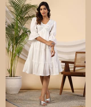Juniper Women Cotton Embellished Fit & Flare Dress ( White )