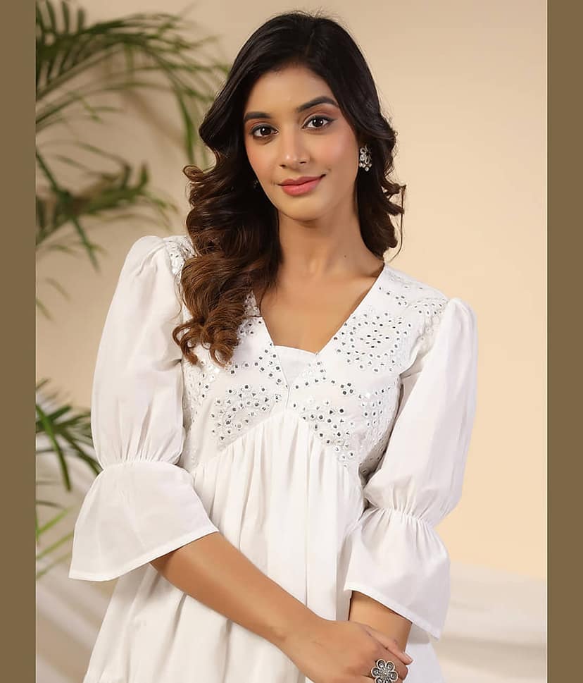 Juniper Women Cotton Embellished Fit & Flare Dress ( White ) view 2
