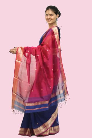 Dazzling Navy Blue Pink Broad Border handloom Saree with Tassels