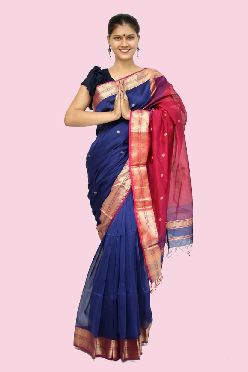 Dazzling Navy Blue Pink Broad Border handloom Saree with Tassels view 3
