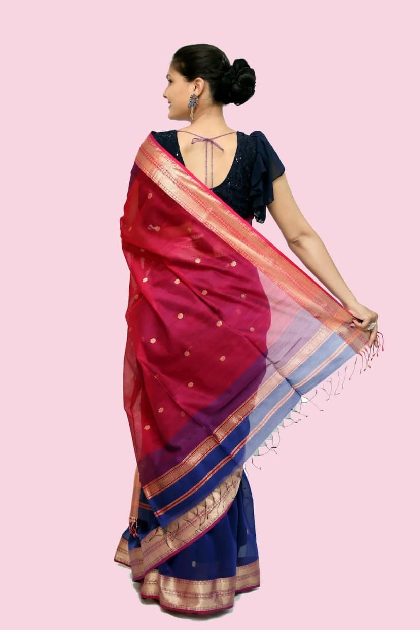 Dazzling Navy Blue Pink Broad Border handloom Saree with Tassels view 4