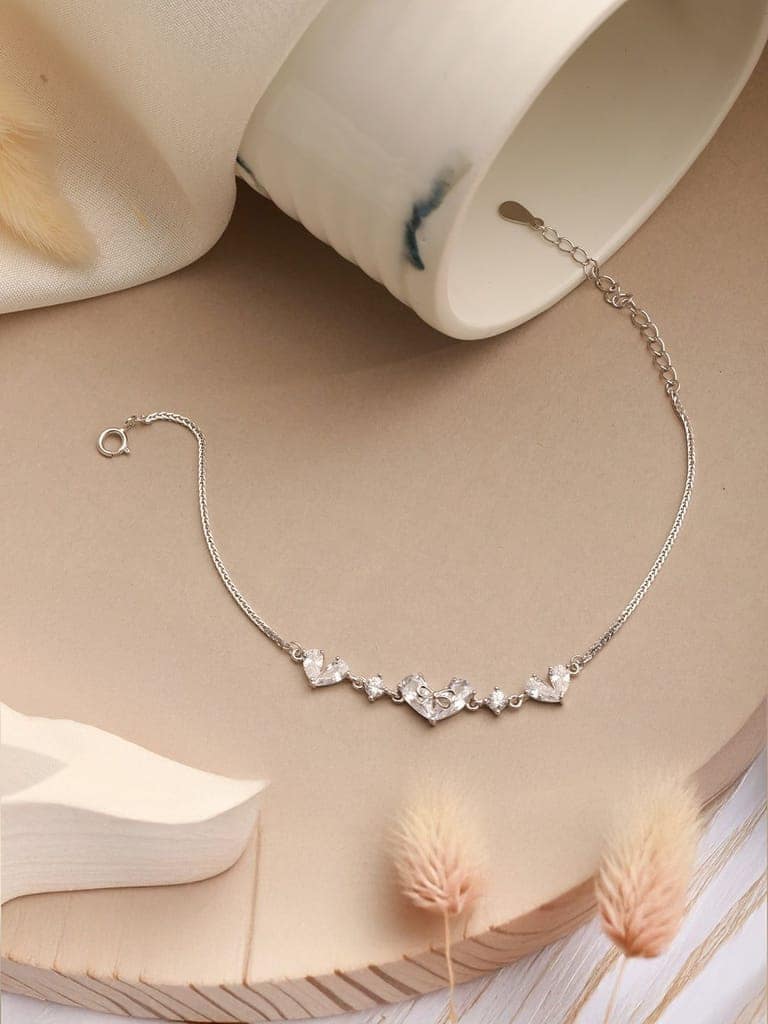 925 Sterling Silver Zircon Studded Heart Shaped Tennis Minimal Wraparound Bracelet