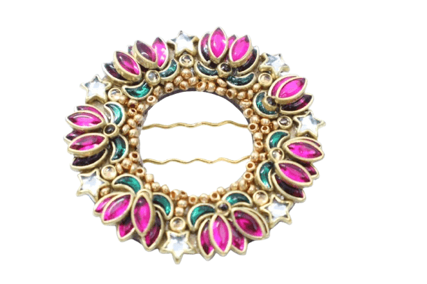 Pink & Green Round Floral Hair Clip – Designer Stone Embellished