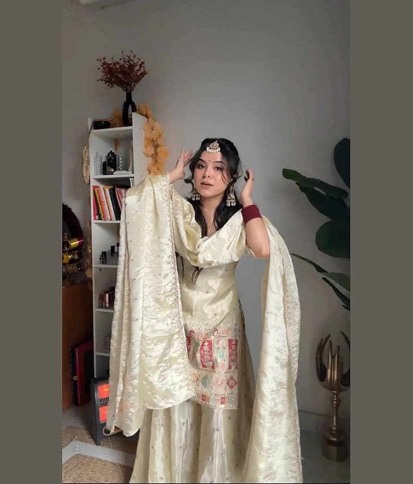 BHAGYASHRAY Women Silk Embroidered Straight Kurti With Sharara And Gharara ( Cream )