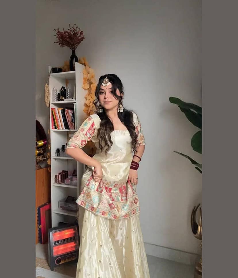 BHAGYASHRAY Women Silk Embroidered Straight Kurti With Sharara And Gharara ( Cream ) view 2