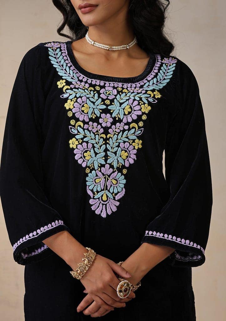 Velvet Chikankari Solid Women's 2 PC Long Kurta Set - Navy Blue view 2