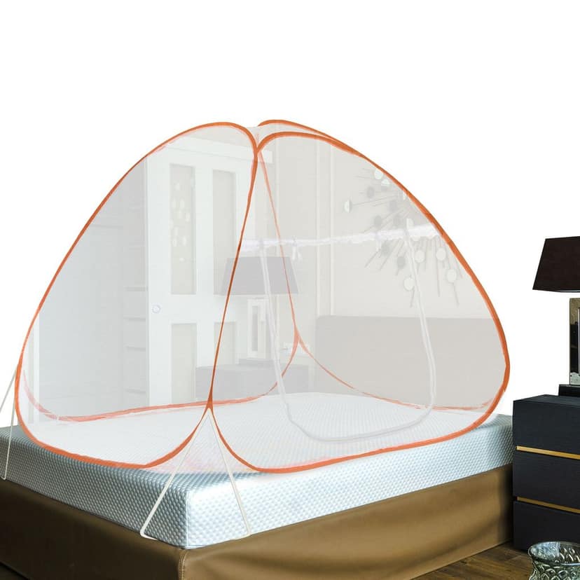 GLOBAL IMPEX Foldable Mosquito Net for King Size Double Bed – 30 GSM Polyester Machardani with Rustproof PVC Coated Steel Frame – Easy Setup for Home Use (White & Orange)