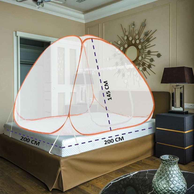 GLOBAL IMPEX Foldable Mosquito Net for King Size Double Bed – 30 GSM Polyester Machardani with Rustproof PVC Coated Steel Frame – Easy Setup for Home Use (White & Orange) view 2