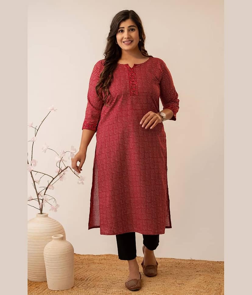AMTHI Women 100% Cotton Printed Straight Kurti ( Red )