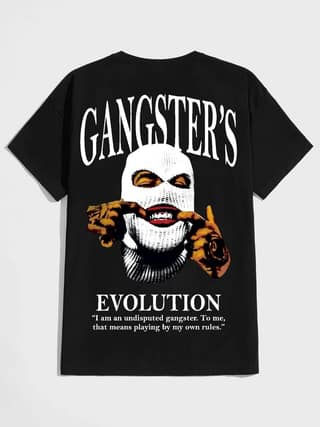 SCOTT FINCHER Men's Black T-shirt with a print of a masked man and the text "Gangster's Evolution. I am an undisputed gangster. To me, that means playing by my own rules." : AA(HSR)BLACK_53