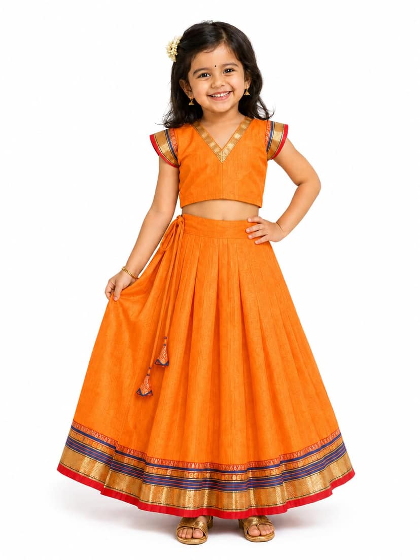 Mom and Me Girls’ Lehenga Choli/Parker Polka/Pattu Pavadai (0 Months–6 Years) | Acrylic Cotton with Soft Cotton Lining | V-Neck, Short Puff Sleeves, Zipper Closure (Yellow, 12-18 M)