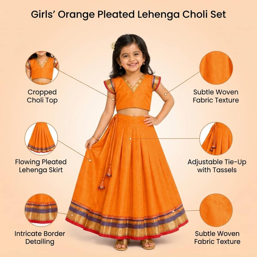 Mom and Me Girls’ Lehenga Choli/Parker Polka/Pattu Pavadai (0 Months–6 Years) | Acrylic Cotton with Soft Cotton Lining | V-Neck, Short Puff Sleeves, Zipper Closure (Yellow, 12-18 M) view 4