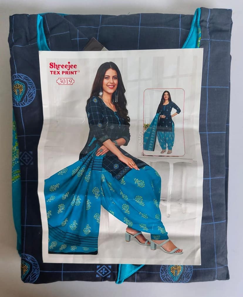 Shreejee Black and Blue Cotton Printed Patiala Suit with Dupatta view 3