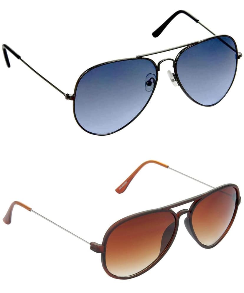 Hrinkar Men Pilot Sunglasses Grey & Brown Frame, Blue & Brown Lens (Medium) - Pack of 2