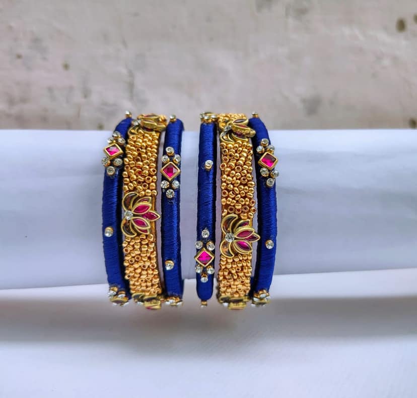 Blue Silk Thread Bangles with Gold Embellishments view 2