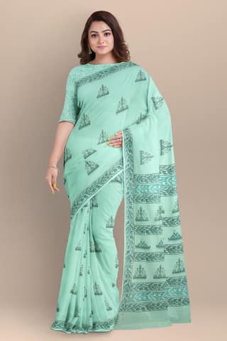 Mint Green Tribal Motif Hand Block Print Malmal Cotton Saree SKU-AS10032