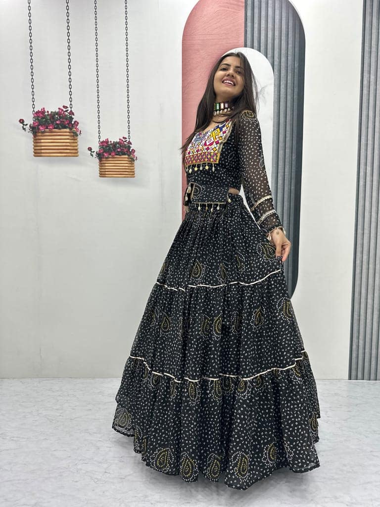 Black Bandhani Printed Georgette Lehenga Choli Set for Navratri | Traditional Gamthi & Codi Mirror Work Chaniya Choli for Garba | Full Flare Tiered Skirt with Embroidered Crop Blouse view 3