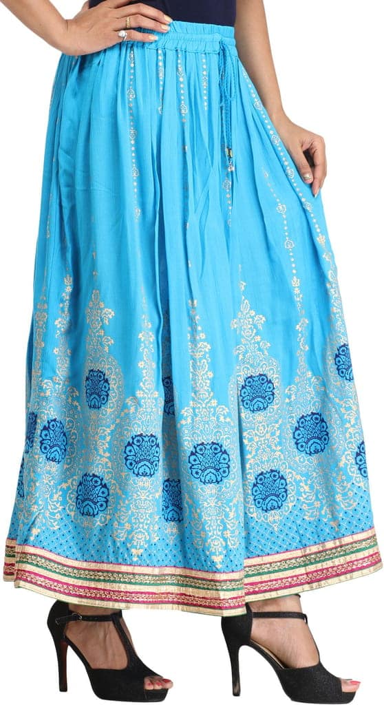 Cyan-Blue Embellished Long Skirt with Golden Print and Embroidered Patch Border view 4