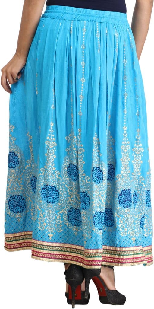 Cyan-Blue Embellished Long Skirt with Golden Print and Embroidered Patch Border view 5