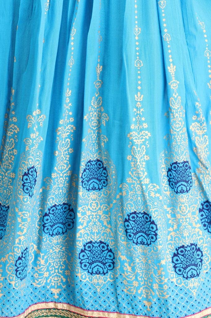 Cyan-Blue Embellished Long Skirt with Golden Print and Embroidered Patch Border view 6