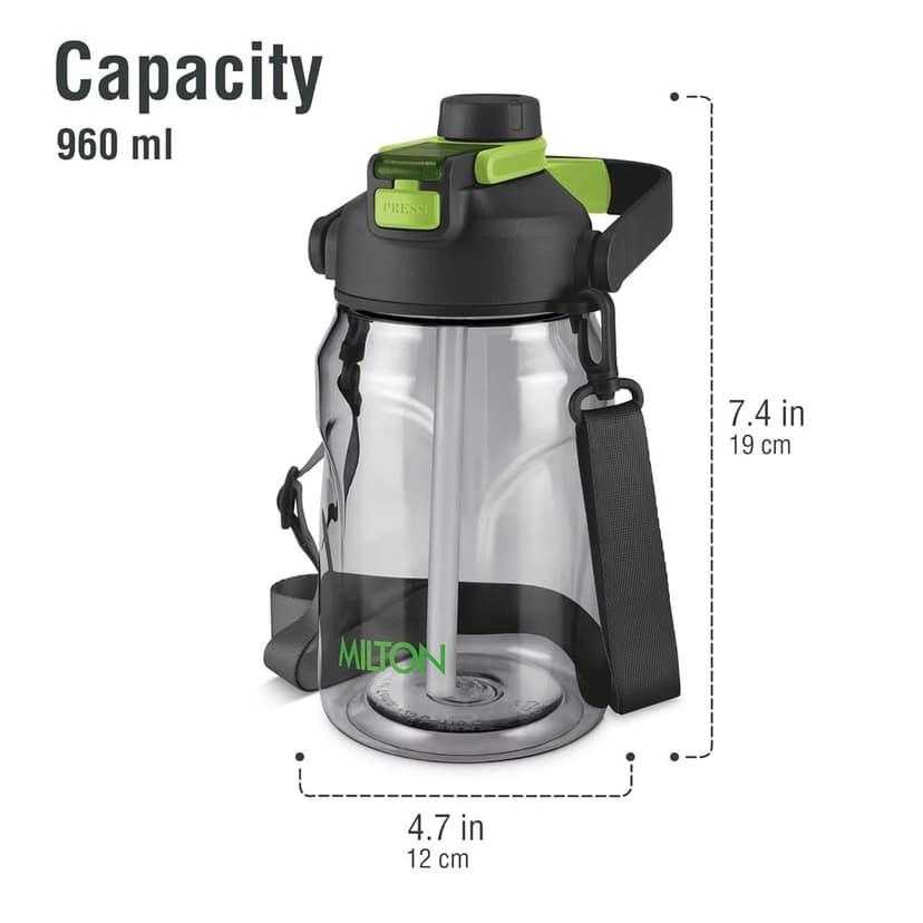 MILTON Eros 1000, 2-in-1 Sip or Gulp Lid Water Bottle 960ml | Unbreakable - Crystal Clear Plastic | Leak-Proof & BPA-Free, One-Click Open | Ideal for School, Office, Gym & Travel Use view 2