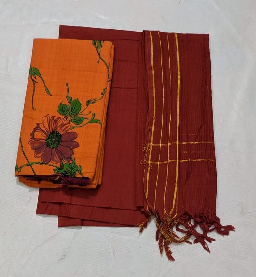 Mustard yellow and maroon cotton printed salwar suit with dupatta view 2