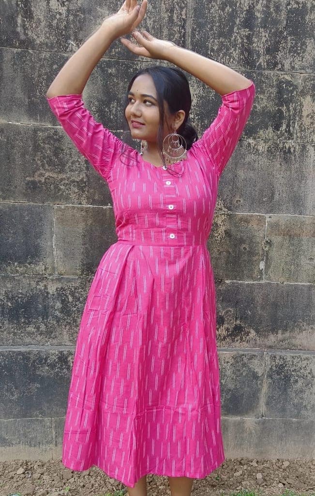 Pure Cotton Ikkat Dress Hot Pink Colour (Size XXS(32) to Plus Size(56))-9538 view 4