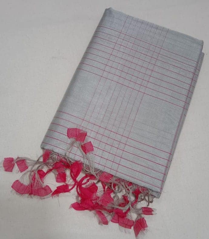 Pink and Silver Tissue Linen Saree With Blouse Piece
